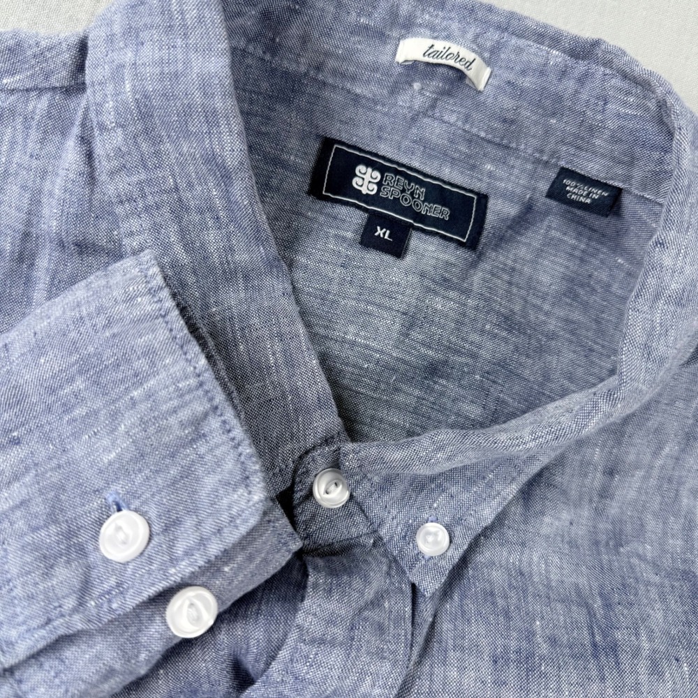 Reyn Spooner 100% Linen Shirt Mens XL Blue Tailored Fit Button Down Long Sleeve